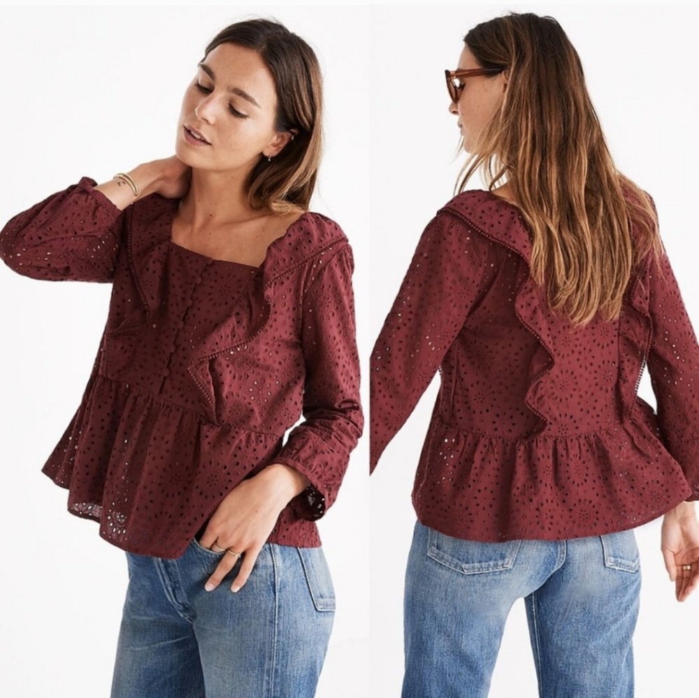 Madewell Eyelet Ruffle Peplum Top in Burgundy